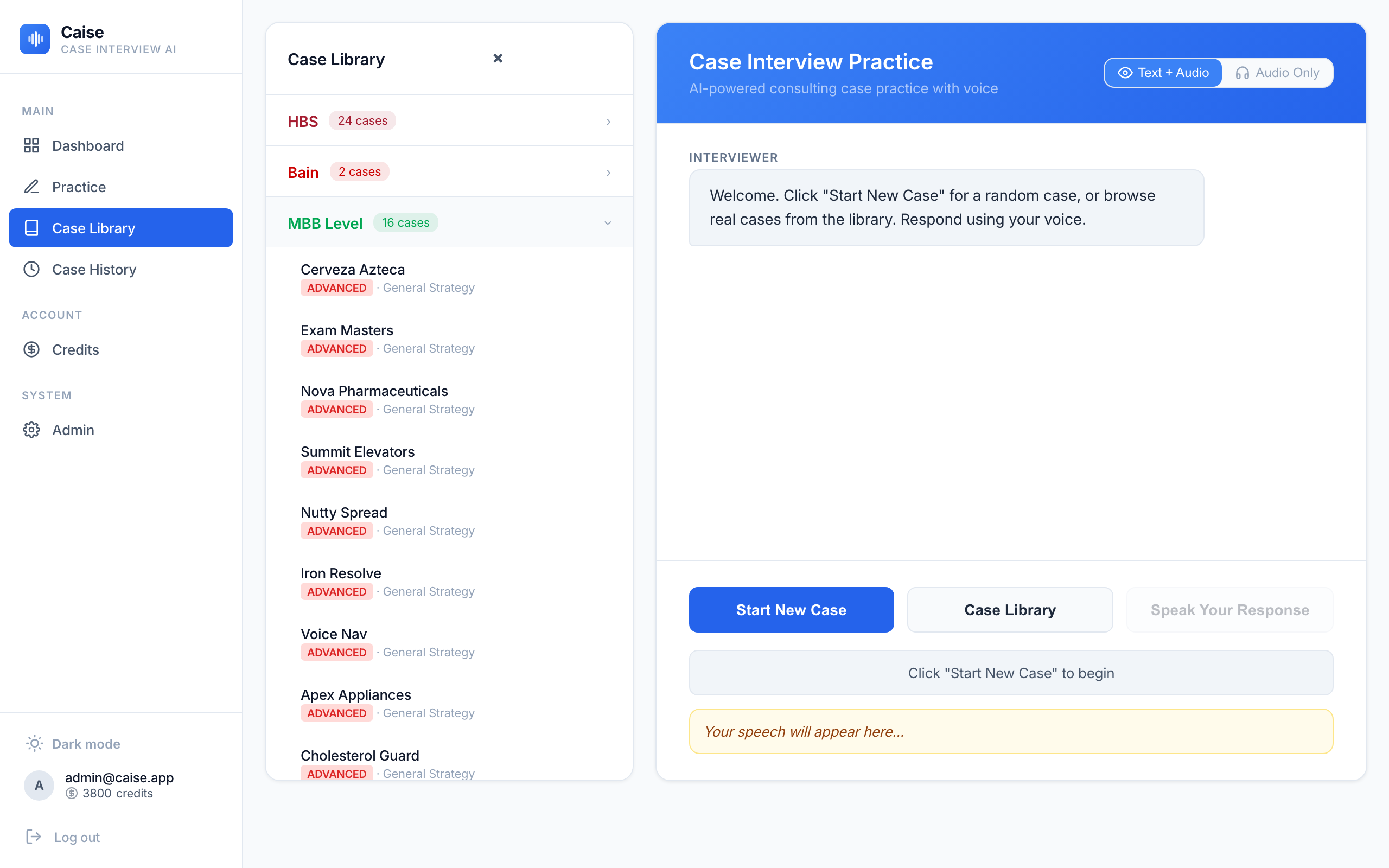 Caise case library showing 60+ cases from HBS, Bain, MBB Level, and original sources