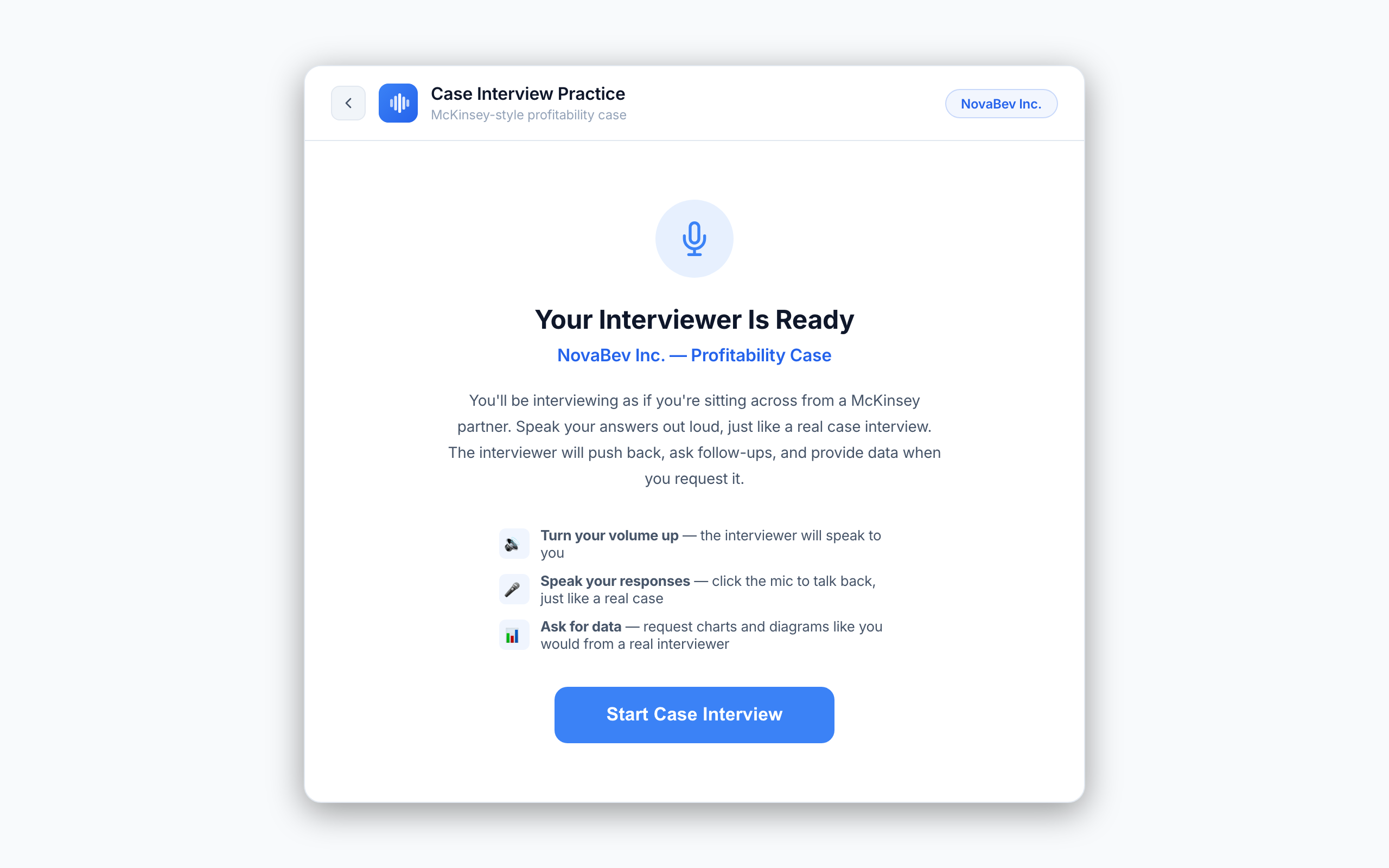 Caise demo page showing AI interviewer ready for a profitability case